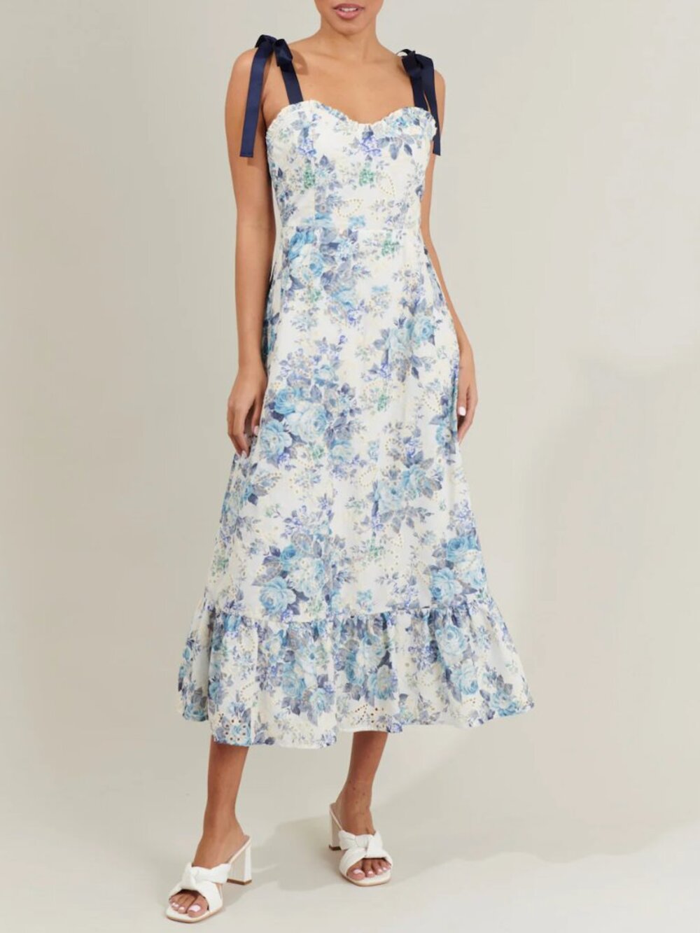 Sugarlips Majesty Floral Villa Garden Eyelet Midi Dress - White/Blue